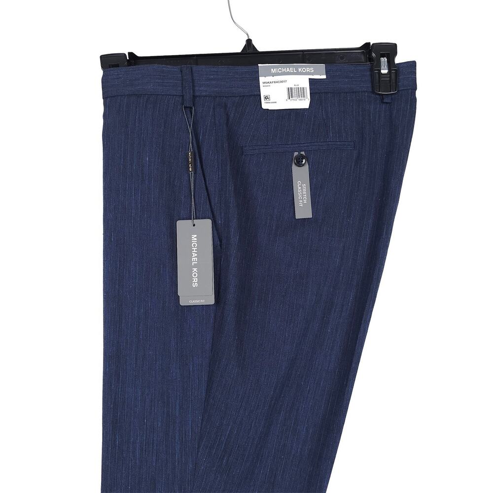 Michael Kors Mens Classic Fit Suit Pant 38x32 Blue Pinstripe Stretch Linen Blend
